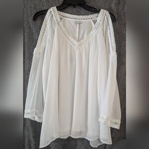 White Crochet Trim , Cold Shoulder V-Neck Sheer Blouse. Clean, Steamed And Ready